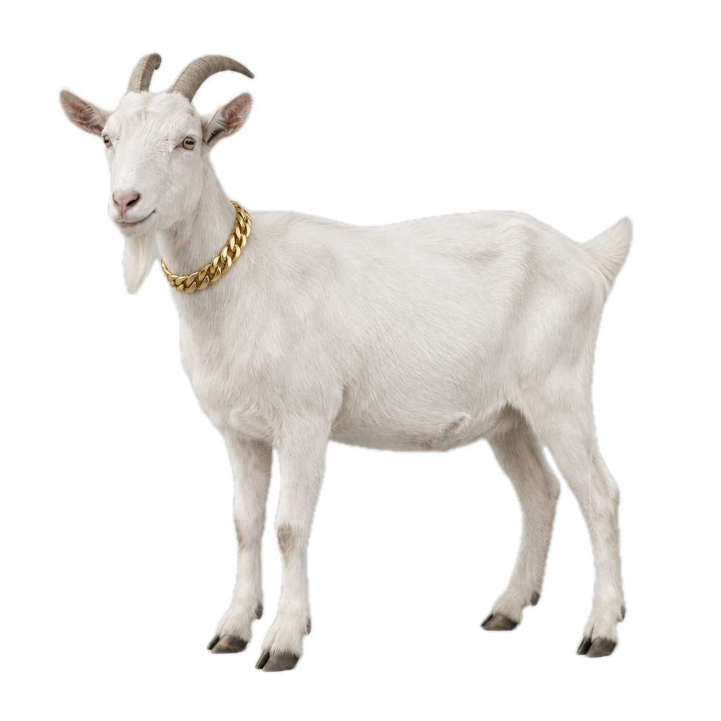 Una capra bianca con una catena d'oro al collo
